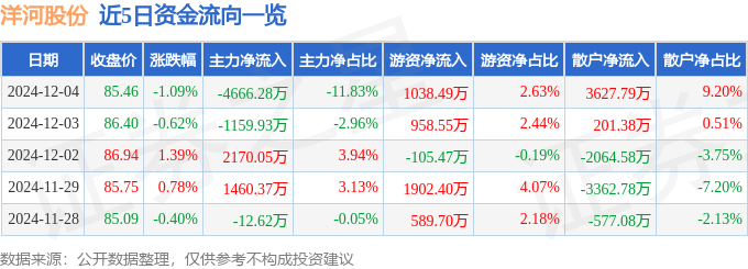 股票行情快报：洋河股份（002304）12月4日主力资金净卖出4666.28万元